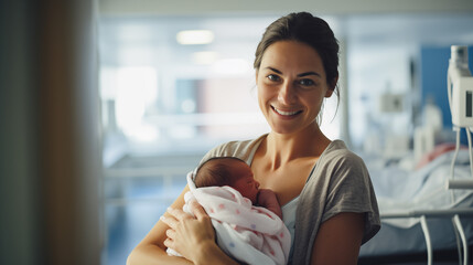 Mother holding baby for the first time in hospital - obrazy, fototapety, plakaty