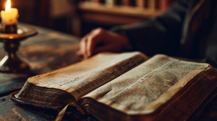 A man sitting by an open Bible is engrossed in prayer