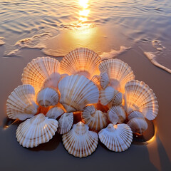 Symmetrical arrangement of glistening seashells on a sandy shore.