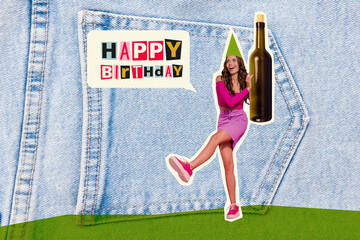 Creative banner collage photo stepping young girl holding huge wine bottle celebrate happy birthday...