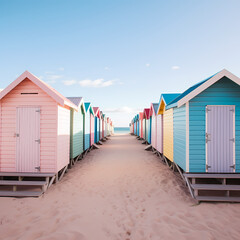 Row of beach huts in pastel colors lining a sandy beach.