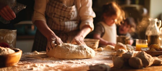 Family members creatively prepare homemade pizza dough by playfully kneading and stretching a mixture of ingredients such as salt, sugar, milk, yeast, and oil. - obrazy, fototapety, plakaty