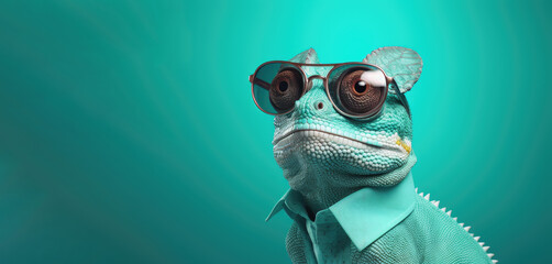 Cool chameleon in a glasses against green background