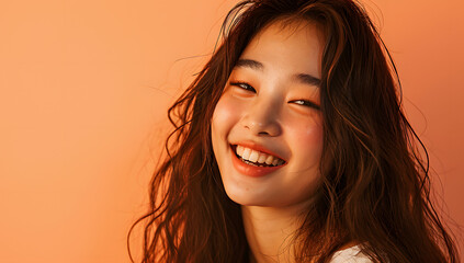 portrait of a confident asian woman with black long hair isolated on an orange background