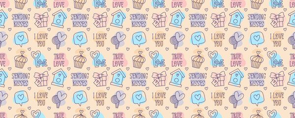 Valentines Day doodle style candy color seamless pattern, hand-drawn love theme icons and quotes cute background. Romantic mood collection.