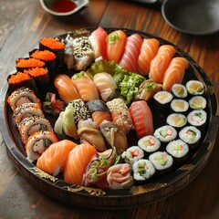 Traditional Japanese sushi platter, variety of rolls and sashimi