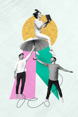 Creative trend collage of funny colleagues teambuilding hold parasol supportive coworkers weird...