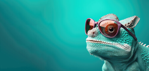 Cool chameleon in glasses against green background