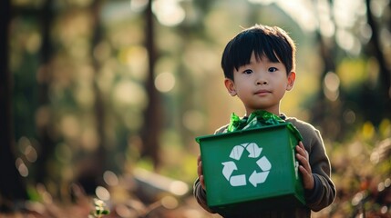 Young boy with short brown hair, green t-shirt, and jeans, smiling brightly at the camera. He holds a rectangular green recycle logo box