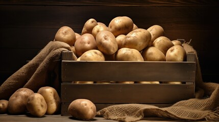 A high pile of various sizes and shapes of fresh, organic potatoes in a rustic wooden crate