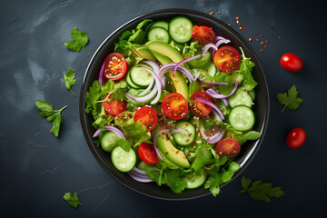 Healthy salad with avocado, cherry tomatoes, cucumber, red onion and lettuce in bowl - Powered by Adobe