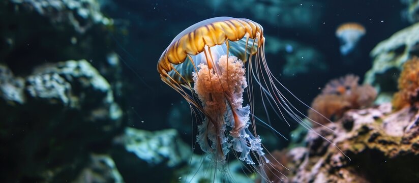 A jellyfish, Aurelia aurita, is floating in an aquarium.
