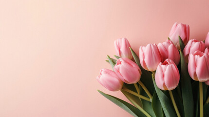 Obraz premium Bouquet of pink tulips on a pastel pink background .