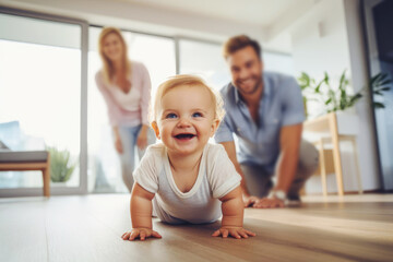 Happy little child crawling at home on the floor in a modern apartment against the background of his parents - obrazy, fototapety, plakaty