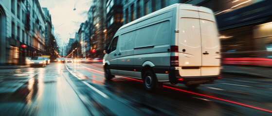 Naklejka premium A white van is moving fast on a city road. White delivery and logistics machine