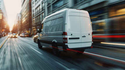 A white van is moving fast on a city road. White delivery and logistics machine