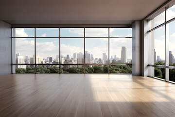 empty living room with wooden floor and view to city skyline