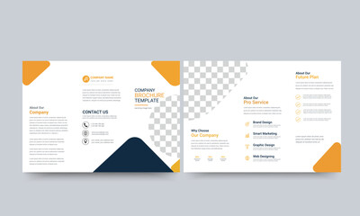Creative tri fold brochure template. The template is white with a yellow color Triangle shape. Design for printing and advertising.