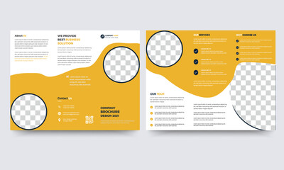 business tri fold brochure design template. Creative shape with yellow color. Design for printing and advertising.