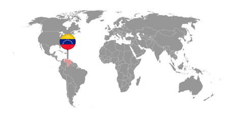 Pin map with Venezuela flag on world map. Vector illustration.
