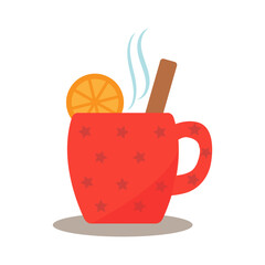 A cup of mulled wine or tea with lemon and cinnamon stick on a white background, warm drink, flat vector illustration