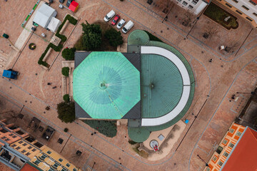 Aerial top down view about The Mosque of Pasha Gazi Kassim in the heart of Pecs