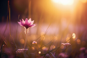 Beautiful pink flower in the meadow in the rays of the setting sun
