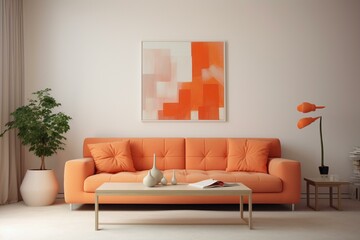 Minimalist living room with a light orange sofa. Generative AI