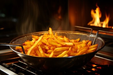 Fries cooking in kitchen deep fryer. Generative AI