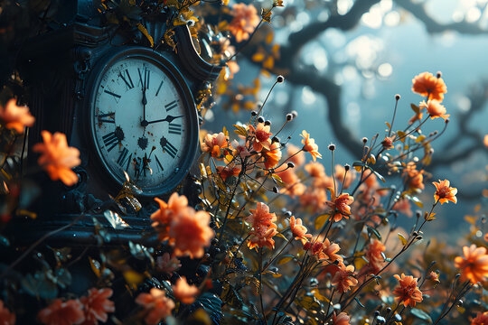 flowers and clock