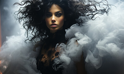 Ethereal Beauty in Dreamy Smoke, Monochrome Portrait of Woman with Smoky Wisps - obrazy, fototapety, plakaty