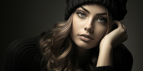 Fototapeta premium Monochrome portrait of a young woman with beret and sweater, looking thoughtful and serene