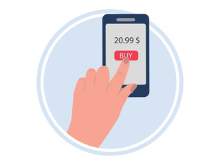 Payment by credit card via electronic wallet wirelessly on the phone. Mobile banking application and electronic payments vector illustration.