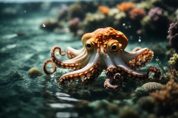 Octopus on coral reef in the Sea in clear blue water. AI generated