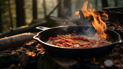 Forest Brunch Delight: Eggs and Bacon Over Open Fire, Generative AI
