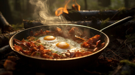 Outdoor Dining Bliss: Eggs and Bacon Over Open Fire, Generative AI