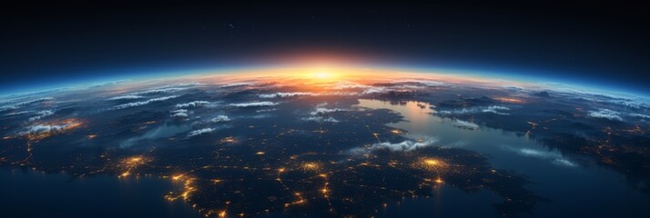 A panoramic view of Earth from space is decorated with glowing city lights