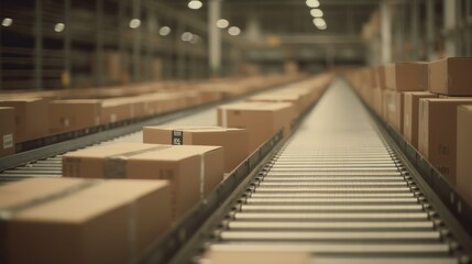 Closeup of multiple cardboard box packages seamlessly moving along a conveyor belt in a warehouse fulfilment center. Delivery concept. Storehouse concept. Box concept. Logistic concept. Moving concept - obrazy, fototapety, plakaty