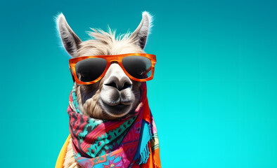 close up portrait of an  ilma wearing a scarf with sunglasses isolated on a blue background
