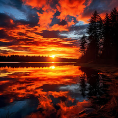 Tranquil lake reflecting the fiery hues of a sunset.
