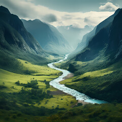 Fototapeta na wymiar Tranquil river winding through a lush valley surrounded by mountains.