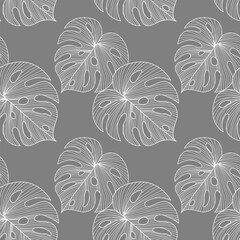 Seamless pattern with line art tropical leaves of monstera. Gray and white design. Print, textile, pattern, vector