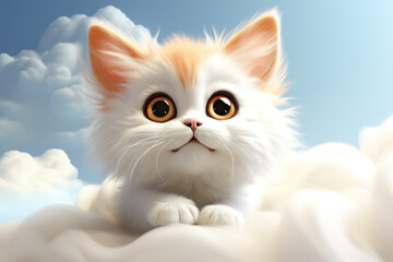 Cute cartoon kitten in white clouds