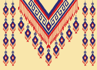 Fototapeta premium Floral Neckline Pattern blue on cream Traditional oriental geometric pattern on cream background, abstract Aztec style vector illustration design for fashion woman wearing decorative clothing.