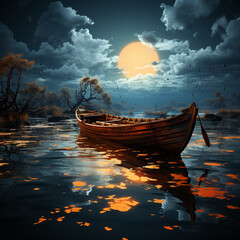 boat in the water under the moon in the night