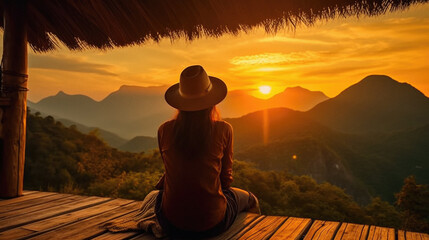 Woman sitting on the terrace of a hut in the mountain at sunset .