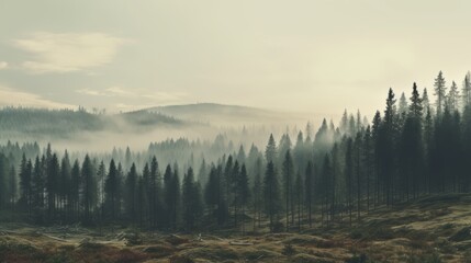 Obraz premium Foggy landscape with a dense spruce forest. Nostalgic and atmospheric scene