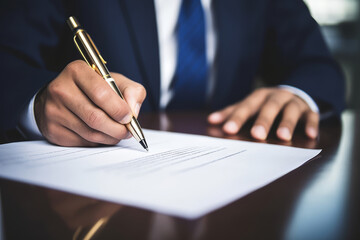 Male hand writes with pen on paper sheet in office. Man signs a paper document. Signing agreement