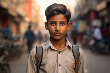 Portrait of tamil boy at busy indian or pakistan city street. Pakistani teenager looks at camera - obrazy, fototapety, plakaty