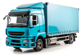 Blue cargo truck isolated on white background. Delivery car for distribution and logistics. Commercial freight transportation